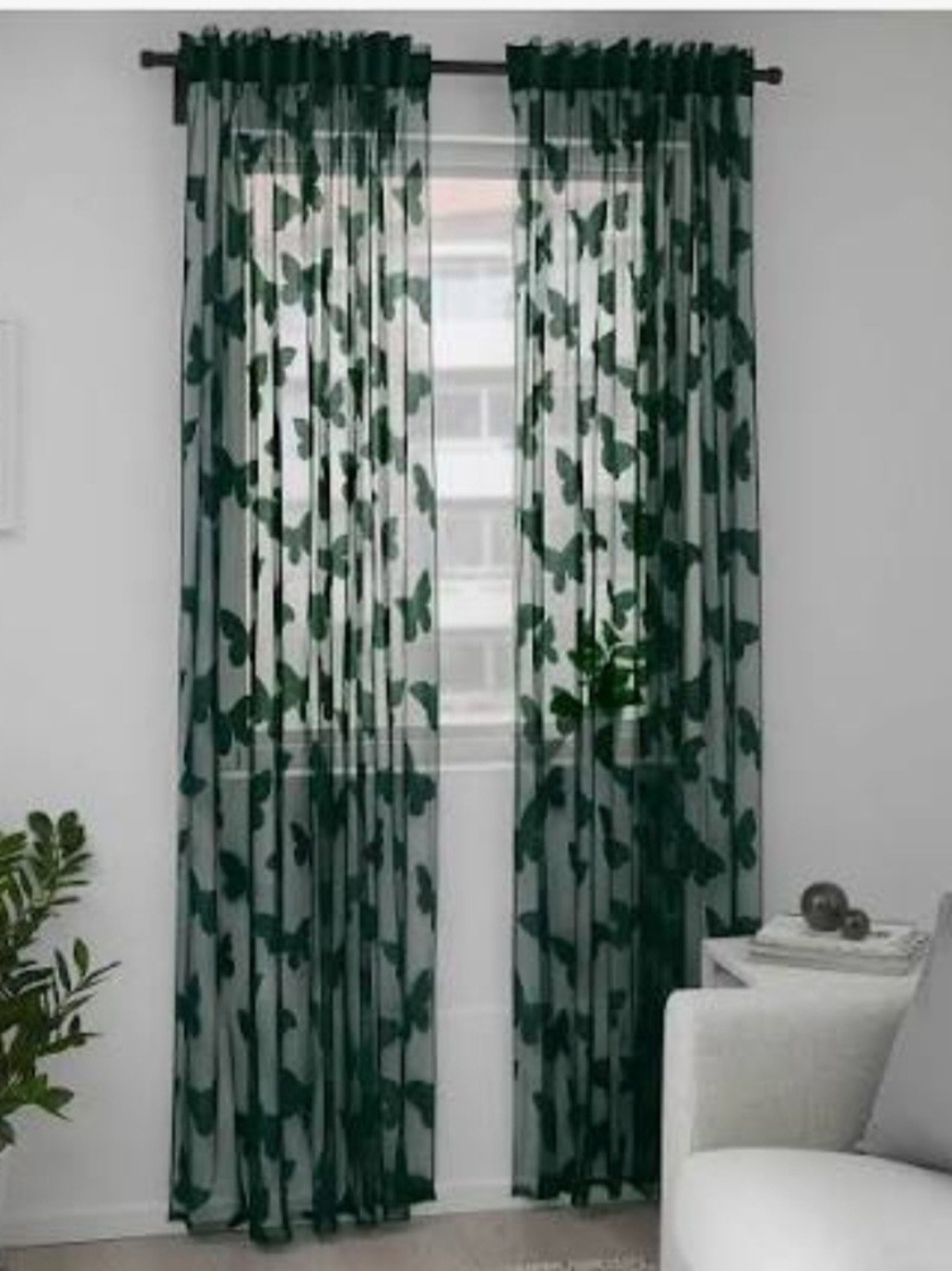 IKEA Dark Green Sheer Butterfly Curtain Panel